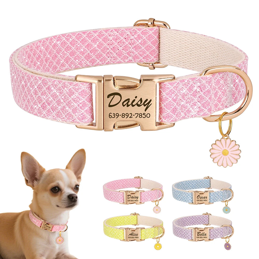 Personalized Bling Dog Collar – Engraved Nylon Puppy ID Collar with Flower Tag