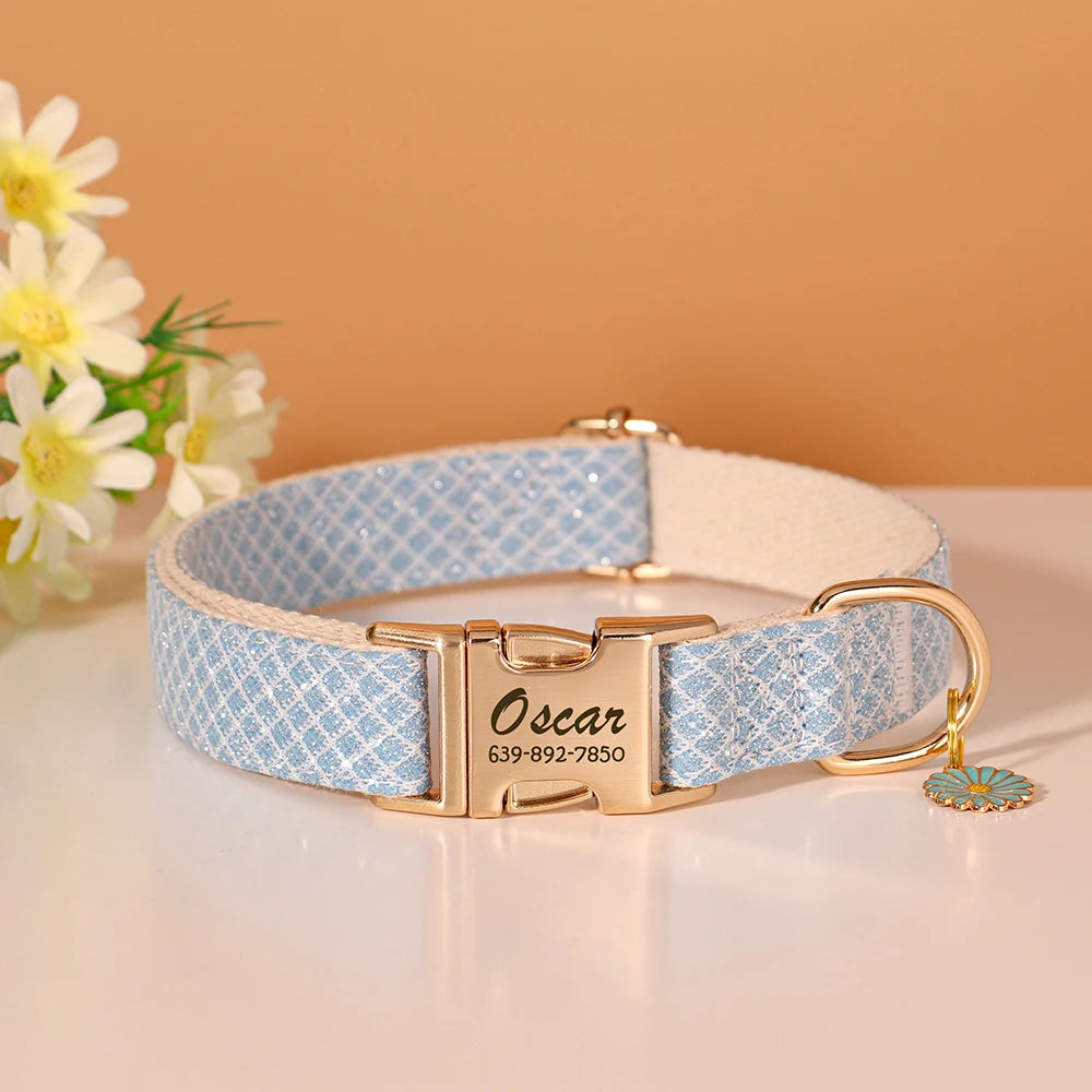 Personalized Bling Dog Collar – Engraved Nylon Puppy ID Collar with Flower Tag