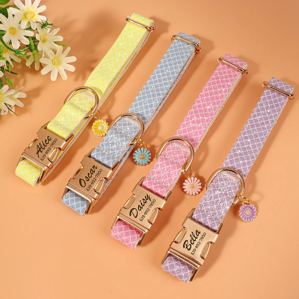 Personalized Bling Dog Collar – Engraved Nylon Puppy ID Collar with Flower Tag