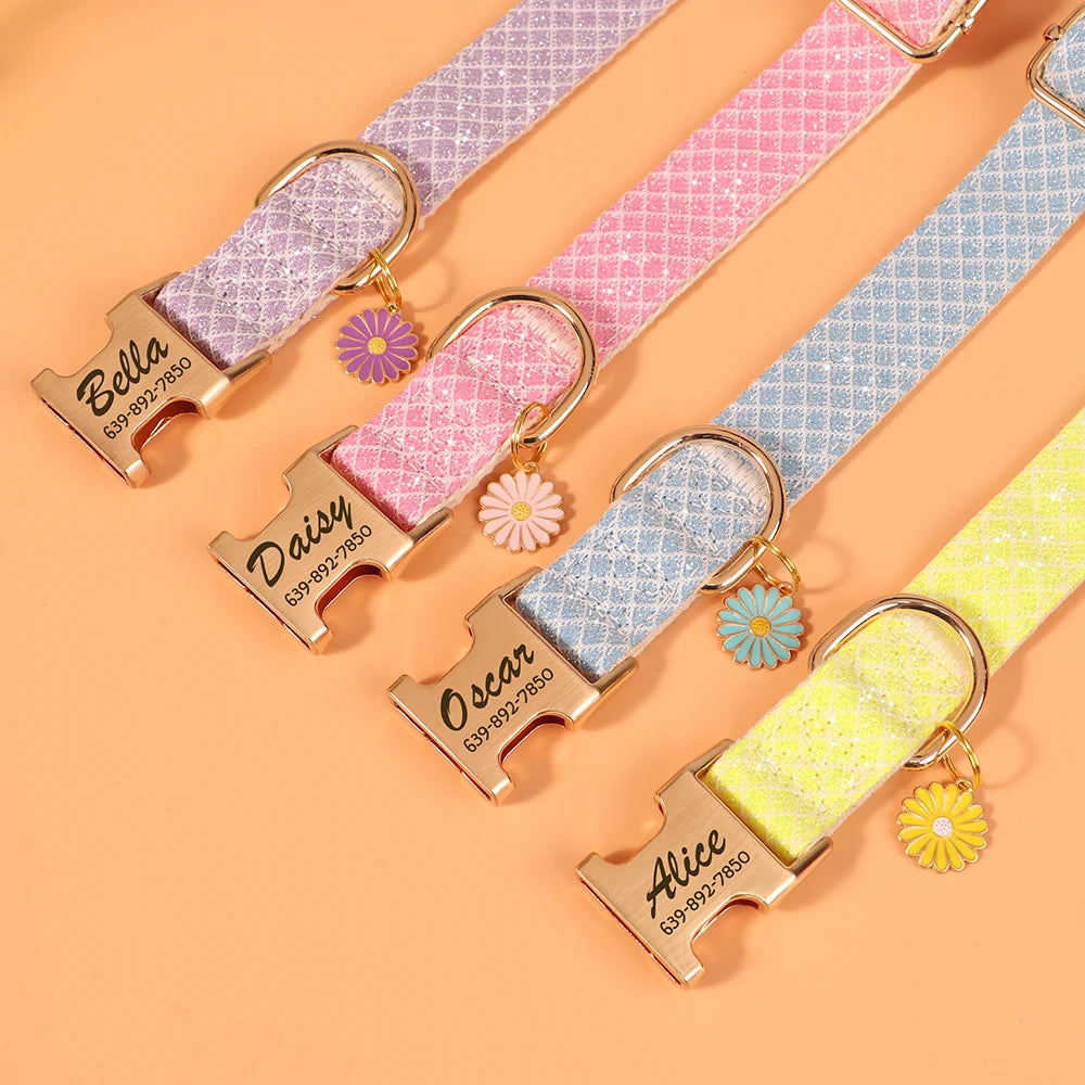 Personalized Bling Dog Collar – Engraved Nylon Puppy ID Collar with Flower Tag