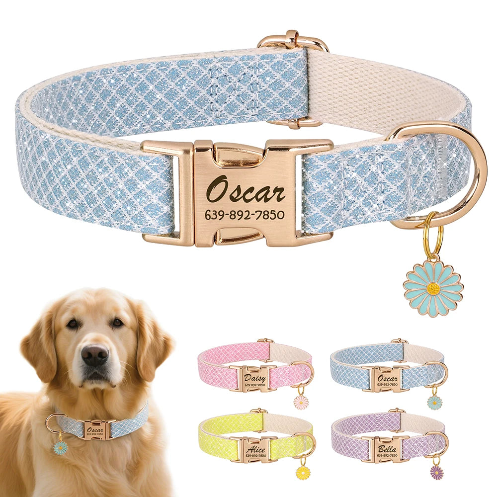 Personalized Bling Dog Collar – Engraved Nylon Puppy ID Collar with Flower Tag