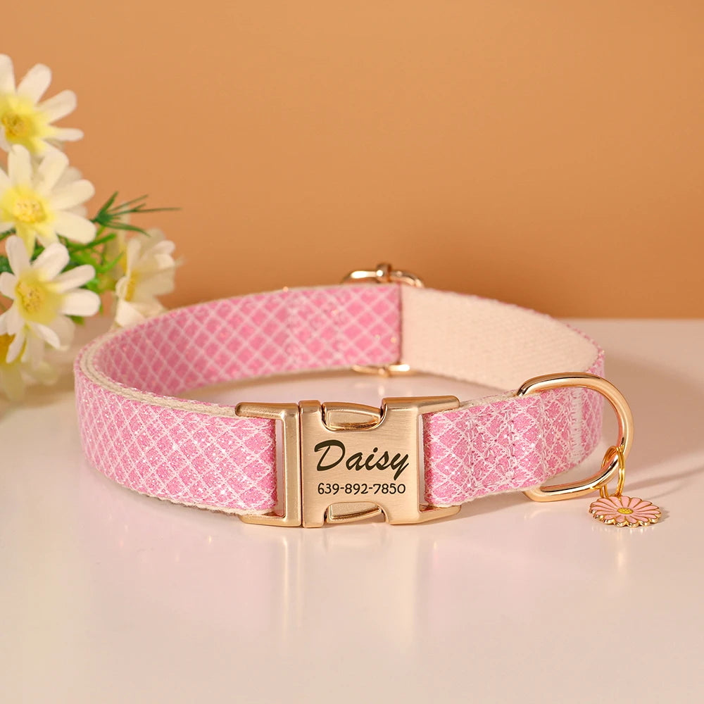 Personalized Bling Dog Collar – Engraved Nylon Puppy ID Collar with Flower Tag